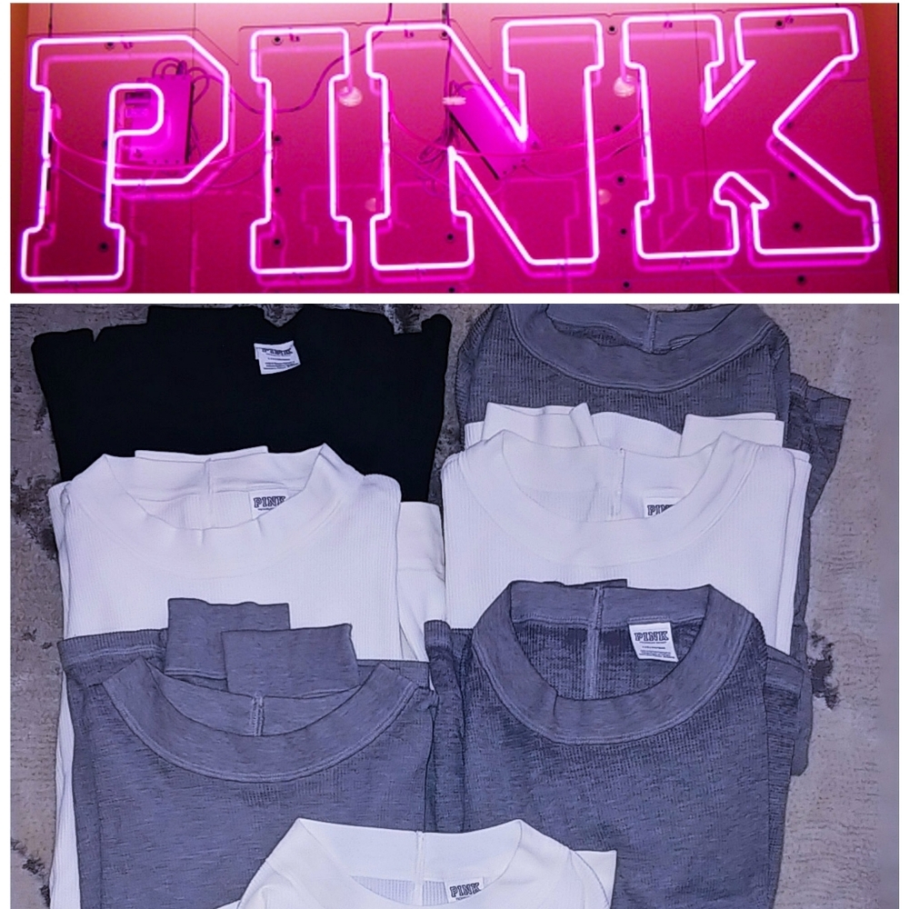 Lot of 7 victorias secret pink waffle knit thermal shirts long sleeve L soft top